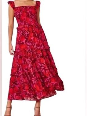 Anthropologie Abel The Label Smocked Floral Maxi Dress Tiered Pink/Red Sz Small